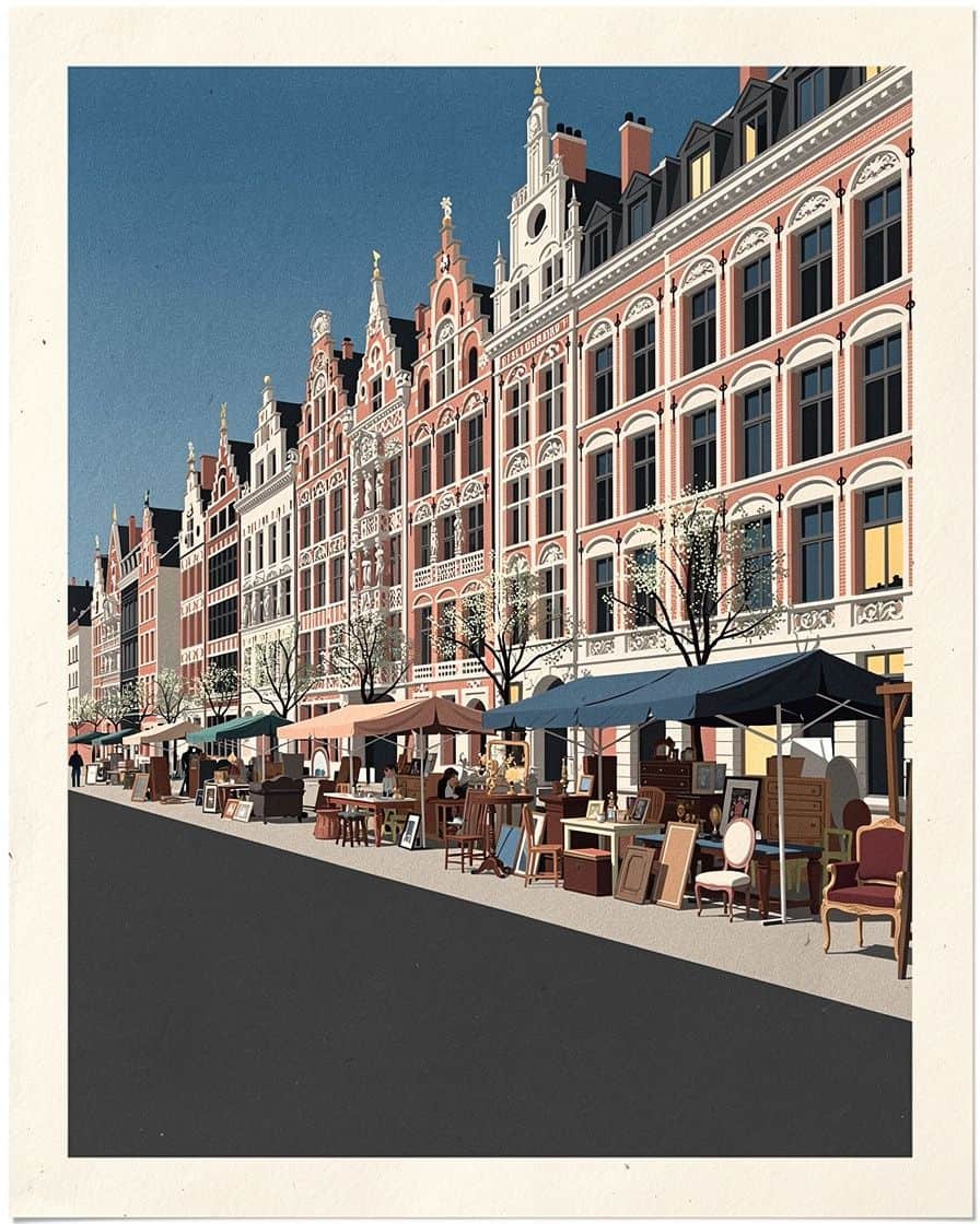 Boulevard de la Liberté in Lille lined with professional second-hand dealers' stalls, furniture and antiques laid out under awnings along Haussmann-style buildings