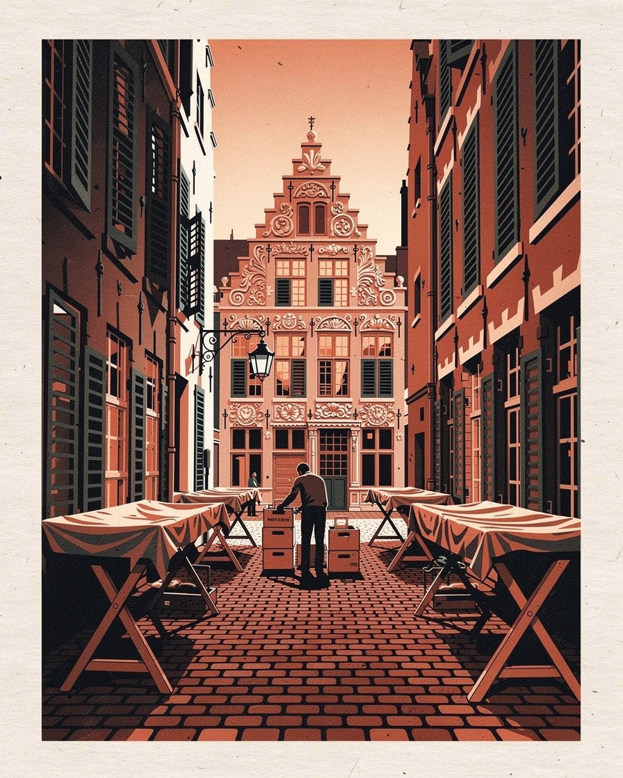 Rue du Vieux-Lille à l'aube pendant la braderie, tréteaux encore bâchés, un exposant seul qui déballe des caisses sous une lumière rasante