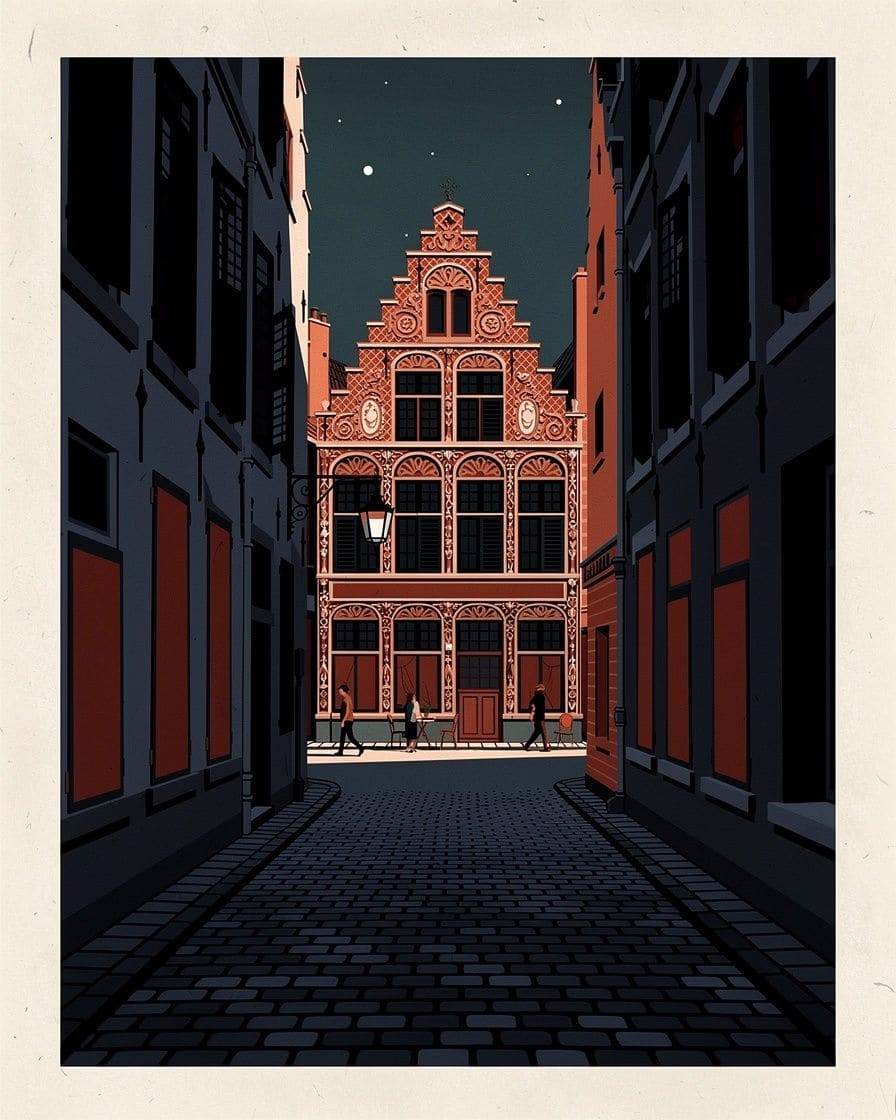 Packed terrace of a Lille brasserie on a braderie evening, shop signs lighting the red-brick facades, glasses on the tables