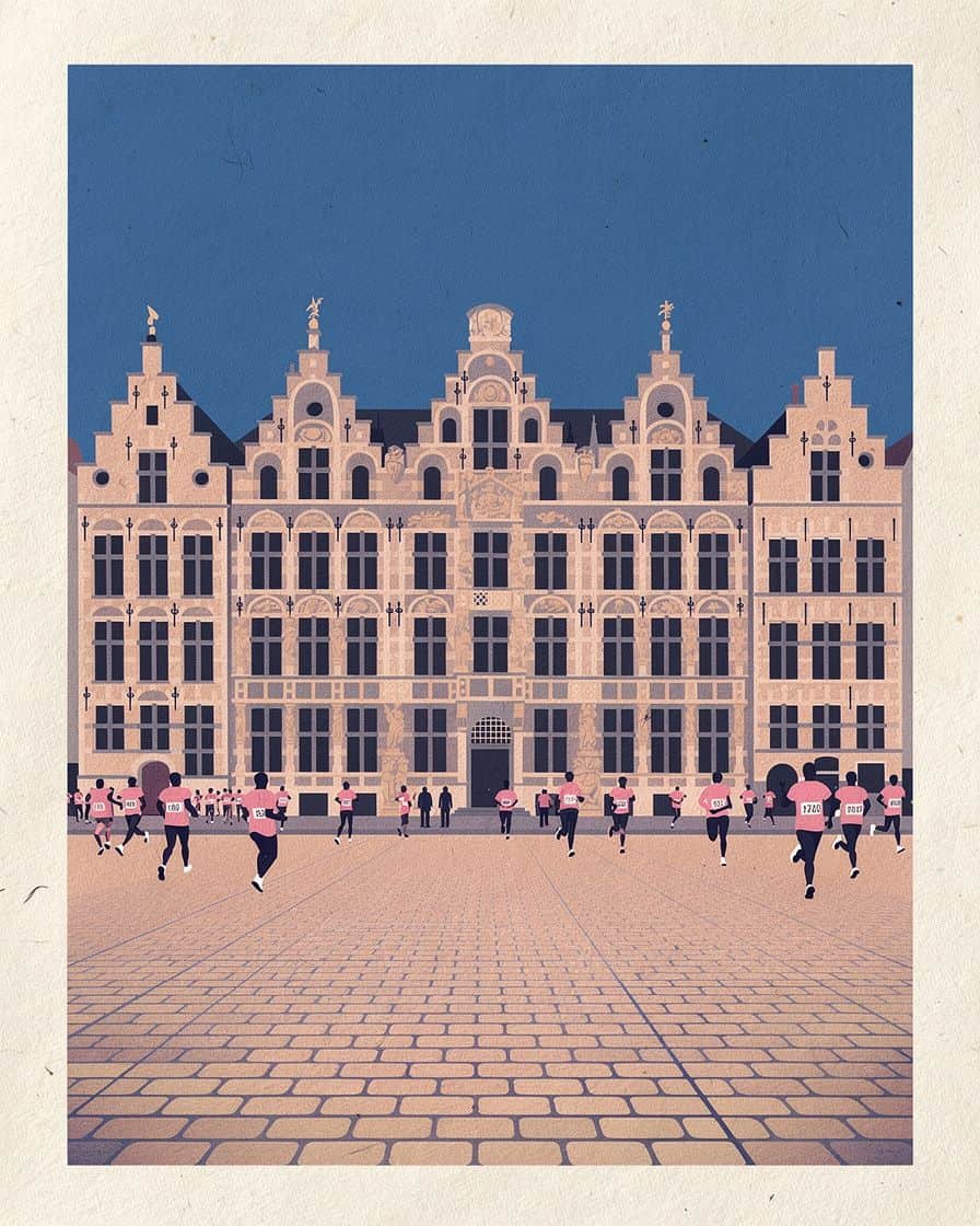 Runners and walkers in pink T-shirts at the start of a charity run on the Champ de Mars esplanade in Lille, on an autumn morning