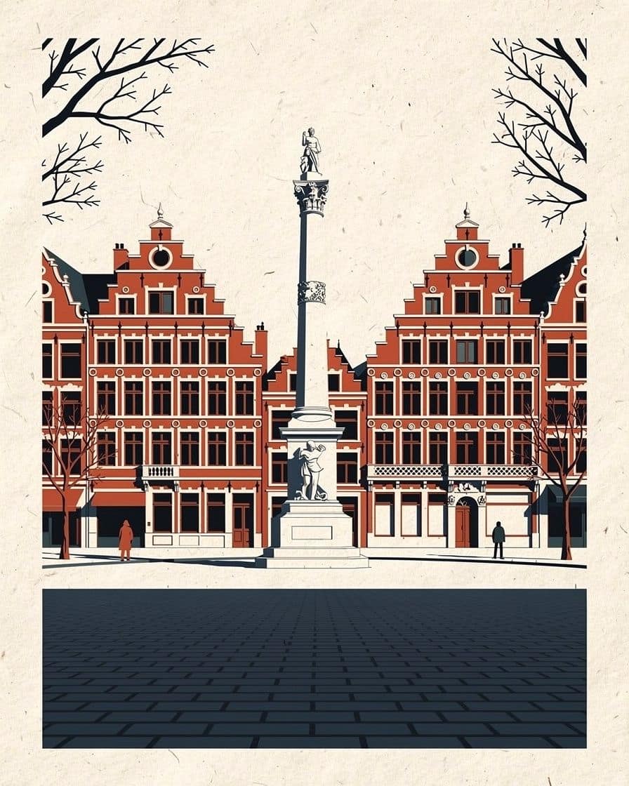 The Goddess column in the middle of the Grand'Place in Lille, gilded Flemish façades with stepped gables all around, clear sky
