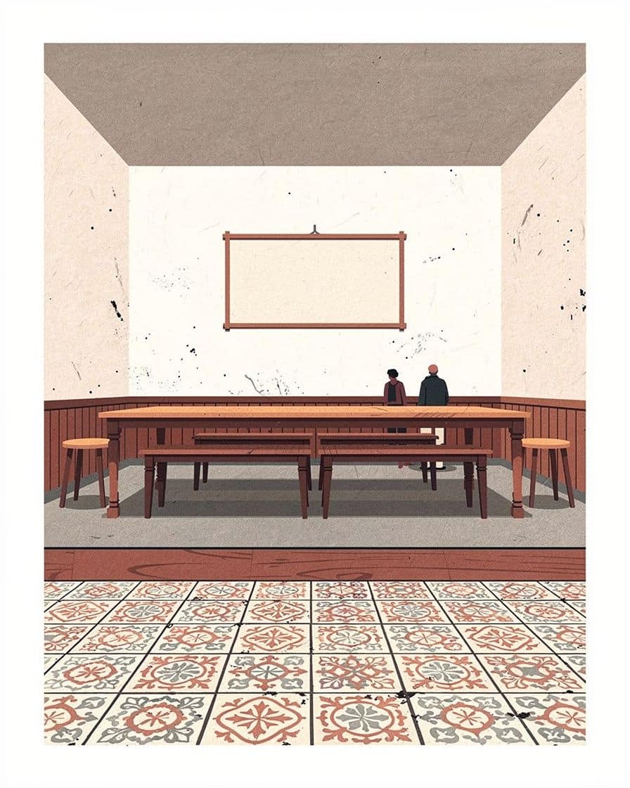 Interior of a traditional estaminet in Lille, old tiled floor, wooden tables and benches, the menu chalked on a slate on the wall