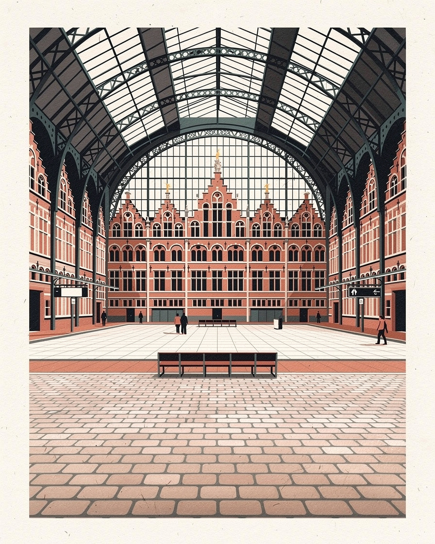 Hall de gare sous une grande verrière en arc, nervures métalliques et rangée de bancs