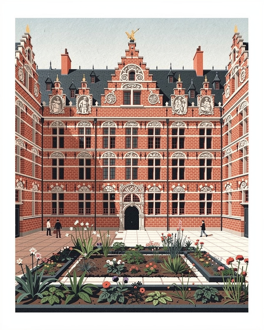 Cour intérieure de l'Hospice Comtesse à Lille, mur de brique rouge à chaînages de pierre blanche, toit d'ardoise et petit jardin de simples au premier plan