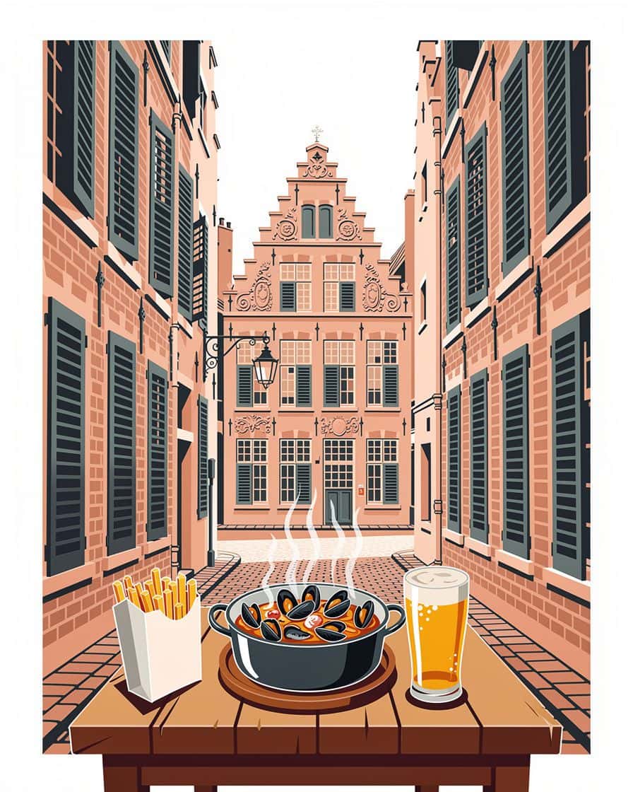 Steaming pot of moules marinière and a cone of chips on a wooden table in a Lille estaminet, a glass of blonde beer
