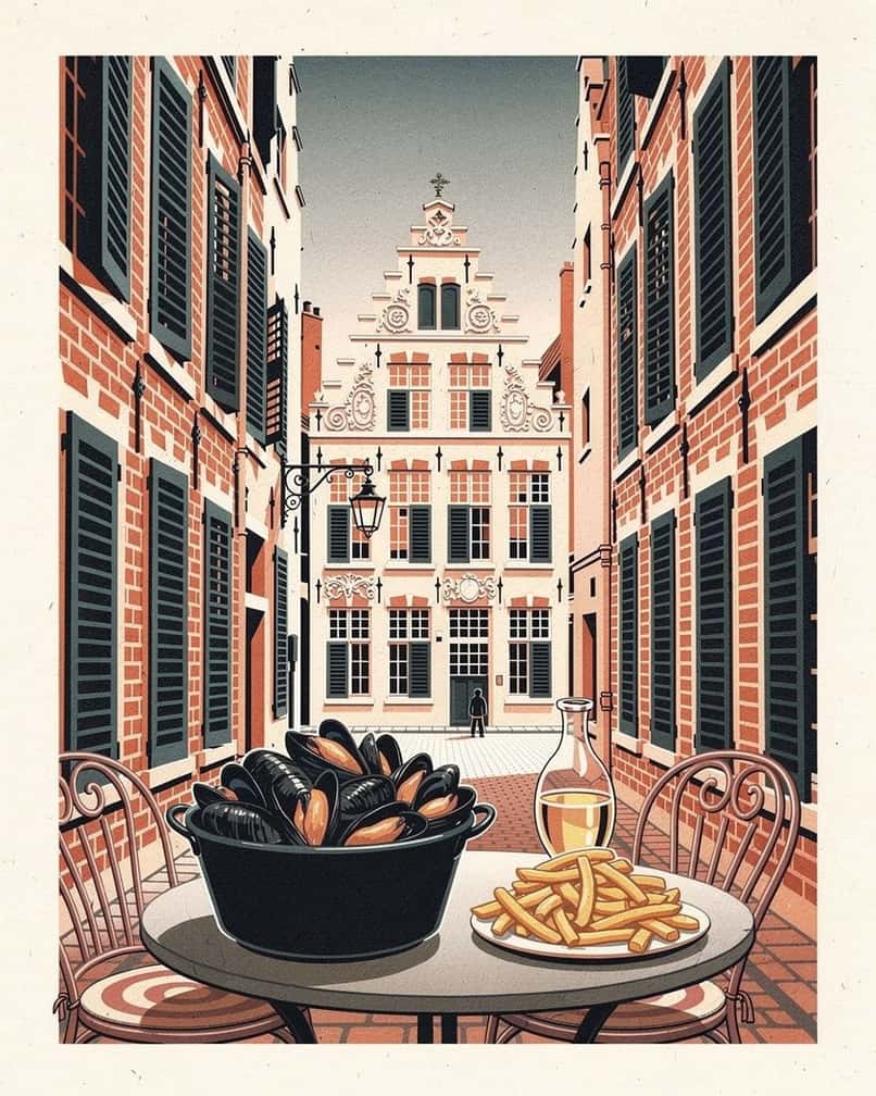 Large black pot of moules-frites served on a terrace table, golden chips beside it and a jug of white wine in the background