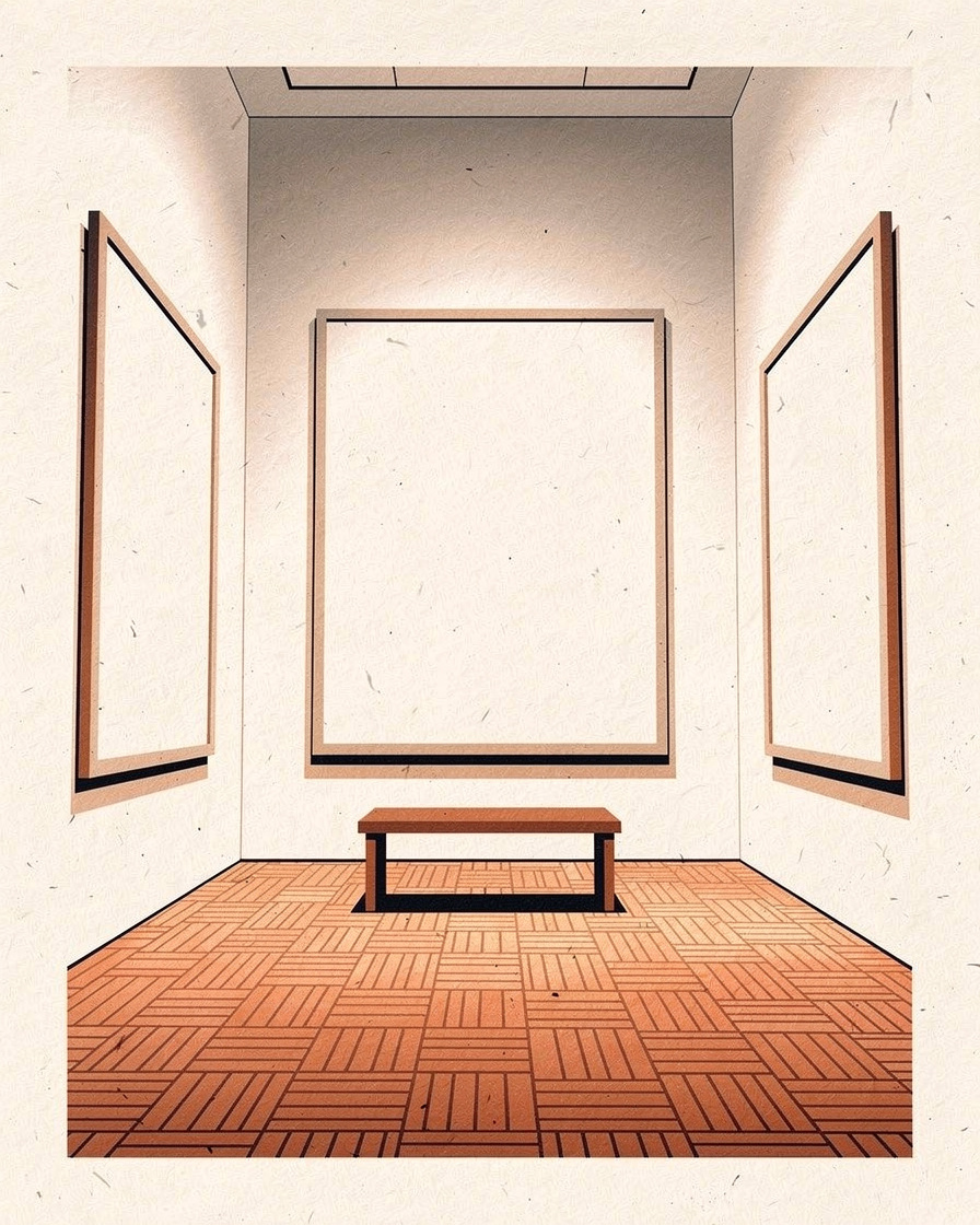 Salle de musée aux cimaises vides et au parquet ciré, sans visiteurs