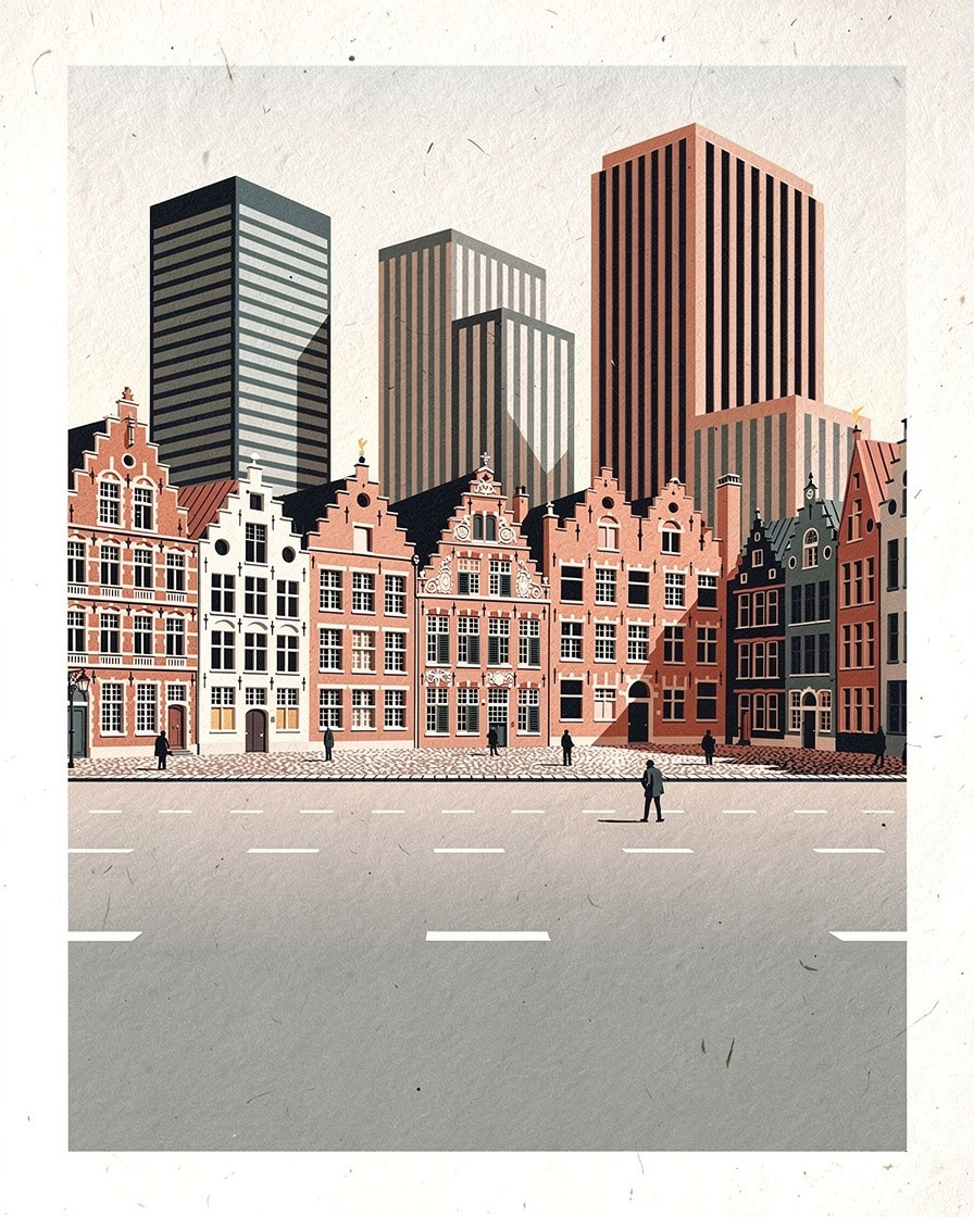 Tours de bureaux modernes dominant un quartier de brique plus bas
