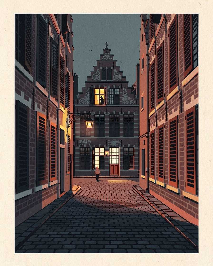 Rue étroite du Vieux-Lille au crépuscule, façades de brique aux volets clos et une fenêtre éclairée