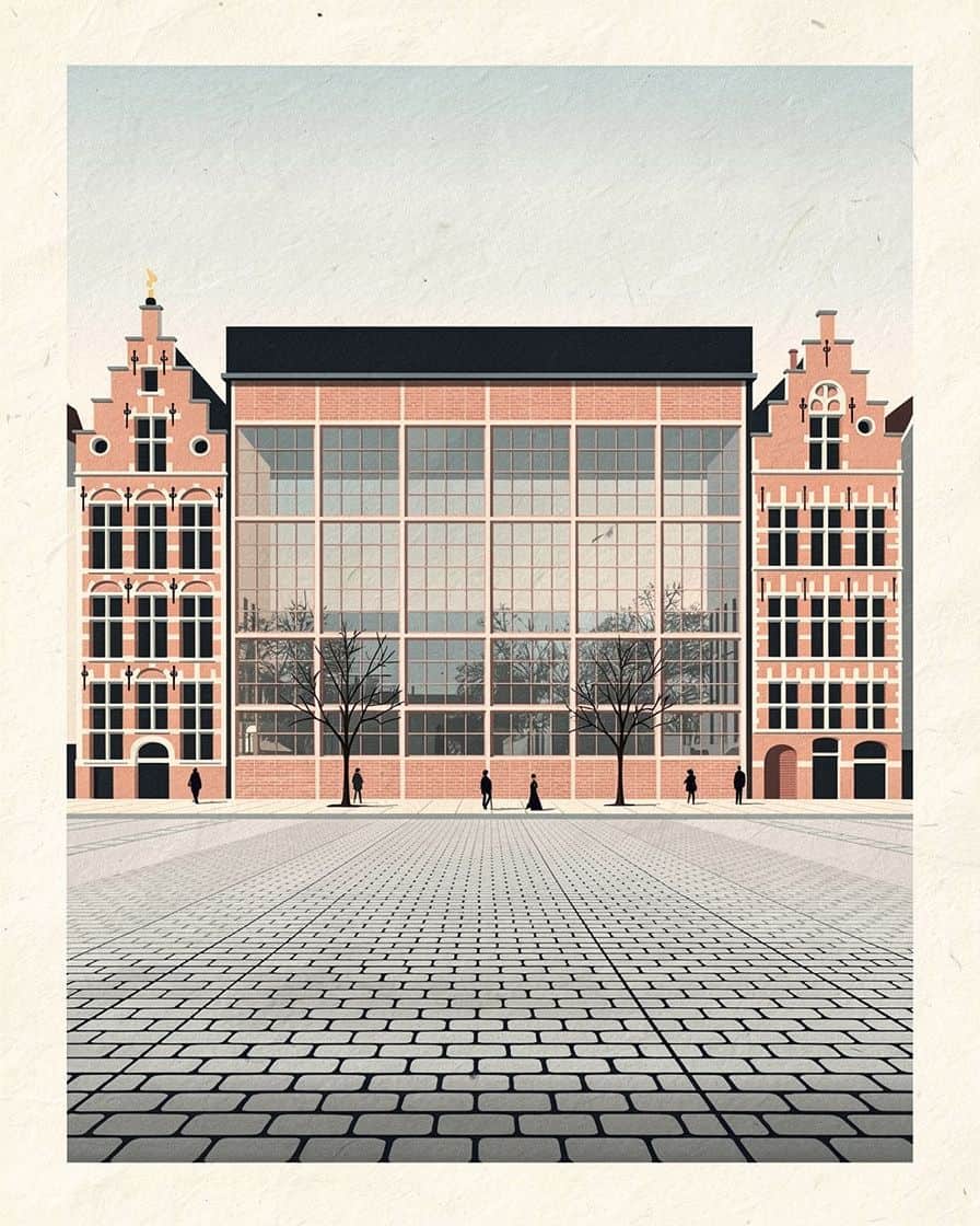 Restored industrial façade of the Tripostal in Lille, a former postal sorting centre turned exhibition venue, large glass roofs and dark brick