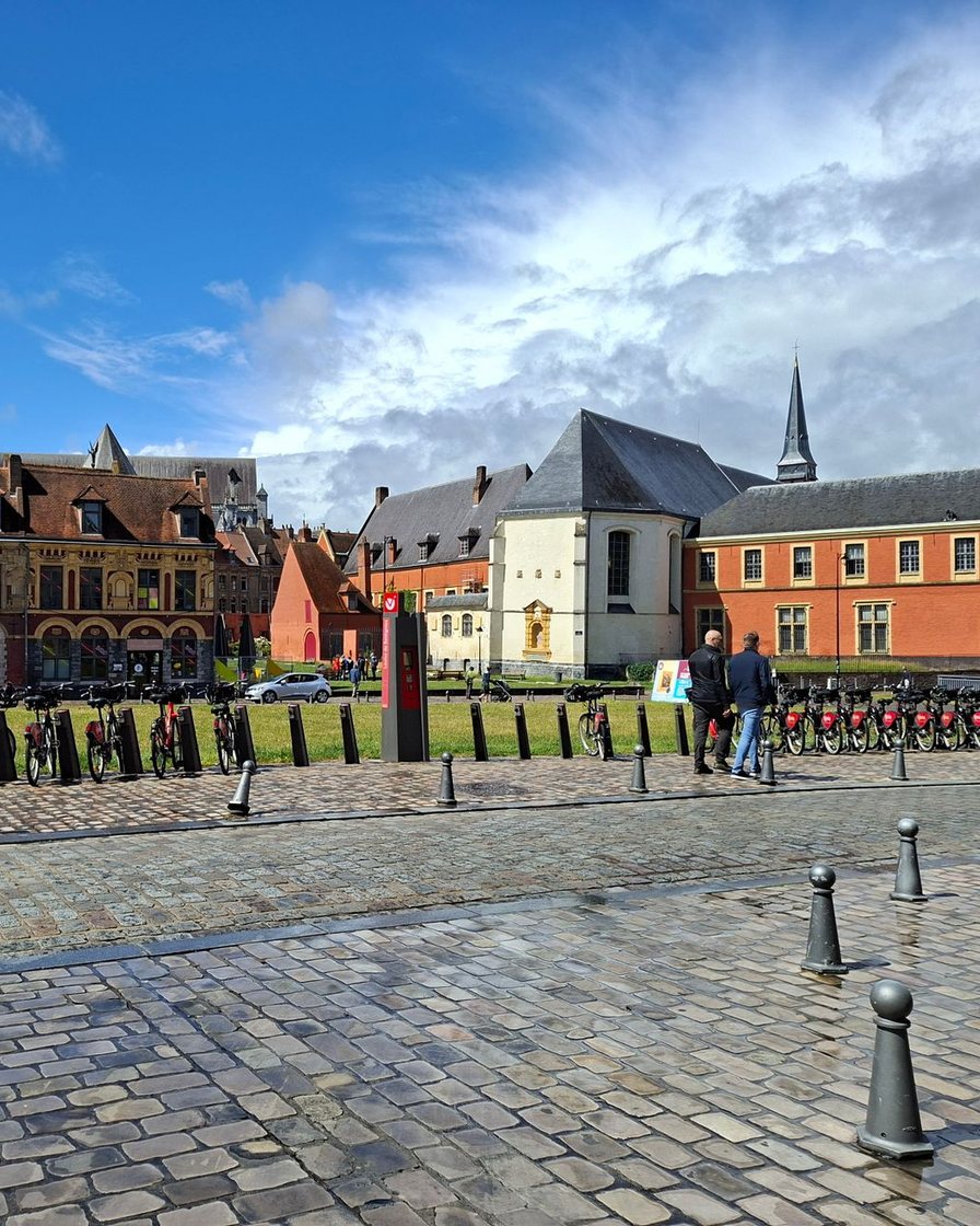 Rangée de vélos en libre-service alignés sur leurs bornes le long d'un trottoir