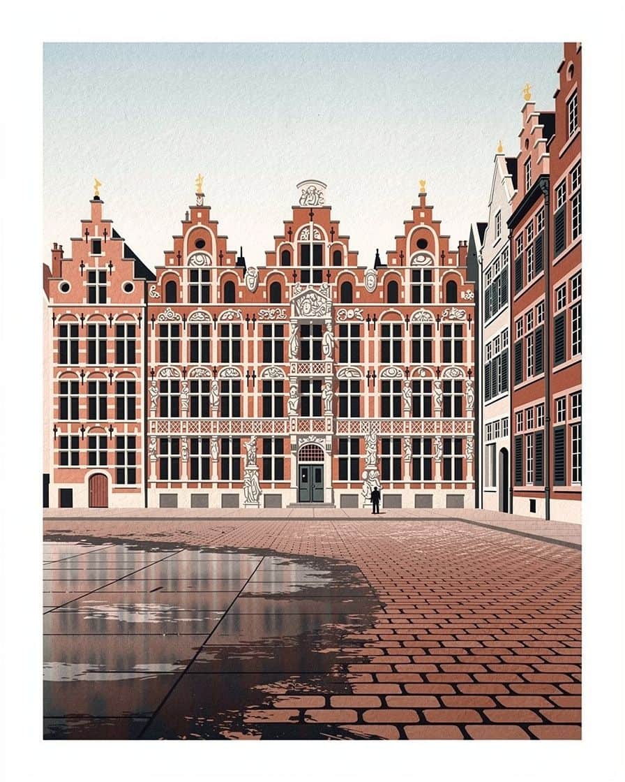 Cobbled street in Vieux-Lille lined with Flemish brick and carved stone façades, a few second-hand stalls on the pavement on a summer morning